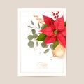 Elegant Merry Christmas and New Year Card with Poinsettia Realistic Flowers, Mistletoe. Winter 3d plants design