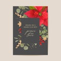 Elegant Merry Christmas and New Year Card with Poinsettia Realistic Flowers, Mistletoe. Winter 3d plants design