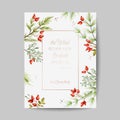 Elegant Merry Christmas and New Year 2021 Cards with Pine Branches, Holy Berry Wreast, Mistletoe, Winter floral design