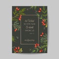 Elegant Merry Christmas and New Year 2021 Cards with Pine Branches, Holy Berry Wreast, Mistletoe, Winter floral design