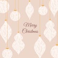 Elegant Merry Christmas New Year greeting card with ornament balls hanging on string on pink background. Minimalist retro Royalty Free Stock Photo