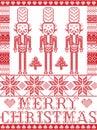 Elegant Merry Christmas Scandinavian, Nordic style winter pattern including snowflake, heart, nutcracker soldier, Christmas tree,