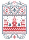 Elegant Merry Christmas Scandinavian, Nordic style winter pattern including snowflake, heart, reindeer, christmas tree, snow, snow