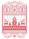 Elegant Merry Christmas Scandinavian, Nordic style winter pattern including snowflake, heart, reindeer, christmas tree, snowflakes