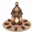 Elegant metal lantern surrounded by dates on a woven mat Royalty Free Stock Photo