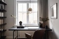 an elegant and minimal home office with a sleek desk, leather chair, and lantern