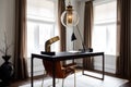 an elegant and minimal home office with a sleek desk, leather chair, and lantern