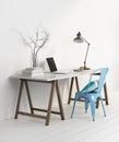 Elegant minimal white home office with blue chair