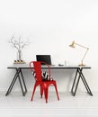 Elegant minimal white home office with red chair