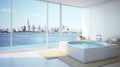 Elegant minimalist bathroom with jacuzzi, expansive windows, and sea views, concept quiet luxury