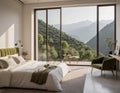 Elegant Minimalist Bedroom. Villa Bedroom with a Serene View of Nature Outside Royalty Free Stock Photo