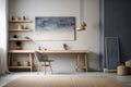 Elegant Minimalist Home Office: Built-In Desk, Black Leather Chair & Monochromatic Aesthetic