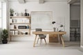 Elegant Minimalist Home Office: Built-In Desk, Black Leather Chair & Monochromatic Aesthetic