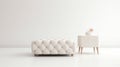 An elegant, minimalist living room featuring a white tufted ottoman, a side table with a vase of flowers, exuding a serene and