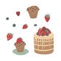 Elegant minimalistic hand drawn tasty layered fruit cake and berries clipart set. Isolated on white background. Stock