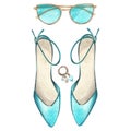 Mint pair of shoes, sunglasses, earring isolated on white background. Watercolor hand drawn illustration. Art for design