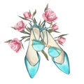 Elegant mint turquoise pair of shoes, sunglasses, peony isolated on white background. Watercolor hand drawn illustration