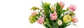 Elegant mixed tulips spring bouquet in white vase on white banner with copy space. Spring tulips. Tulips bouquet.