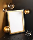 Elegant Mock Up Poster Gold Frame Template On Corner Room. Glass Golden Bubbles 3D Rendering. Black Background