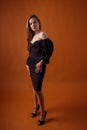 Elegant model wearing black dress and highheel shoes posing on orange background Royalty Free Stock Photo