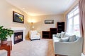 Elegant modern American living room interior with fireplace.