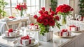 Elegant Modern Dining Experience A Festive Table Setting with Vibrant Red Rose Bouquets in a Pristine White Interior Royalty Free Stock Photo