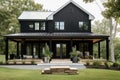 elegant and modern farmhouse exterior with black siding, white trim, and a porch swing