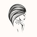 Beauty salon, hair studio, makeup, spa, nails art logo. Beautiful woman with long wavy hairstyle. Royalty Free Stock Photo