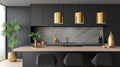 Elegant modern kitchen with black cabinets and gold accents Royalty Free Stock Photo