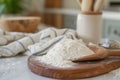 Elegant Modern Kitchen Scene with Piled White Flour on Wooden Board.