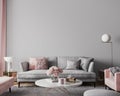 Elegant modern living room design, wall mockup in pink and gray home decor