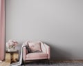 Elegant modern living room design, wall mockup in pink and gray home decor