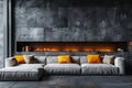 Elegant modern living room with gray sofa and a cozy fireplace Royalty Free Stock Photo