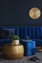 Elegant modern living room interior design with glamour blue velvet sofa, pouf, black metal shelf, poster, plants. Royalty Free Stock Photo