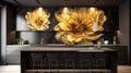 Elegant modern luxury black kitchen with flowers gold oil painting Royalty Free Stock Photo