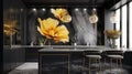 Elegant modern luxury black kitchen with lotuses gold oil painting Royalty Free Stock Photo