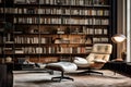 Elegant modern reading nook with floor-to-ceiling wooden bookshelves, sleek white leather chair, and ambient lighting Royalty Free Stock Photo