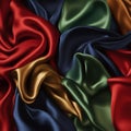 Elegant multicolored satin fabric draped gracefully, creating a play of light and shadows