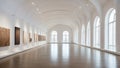 Elegant museum interior with stunning white walls and ceiling-high windows filled with variety of art pieces