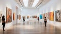 Elegant museum interior with stunning white walls and ceiling-high windows filled with variety of art pieces