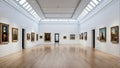 Elegant museum interior with stunning white walls and ceiling-high windows filled with variety of art pieces