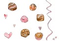 Elegant muted color watercolor illustrations with ink `Valentine`s day` with hearts chocolate sweets and bow isolated on a w