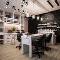 Elegant Nail Studio with White Desks and Black Chairs. Generative Ai