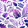 Elegant natural gradient bright purple leaves seamless pattern. Colored design lush exotic plant brunch vector flat