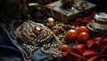 Elegant necklace, shiny gold, ornamented with antique homemade bead collection generated by AI