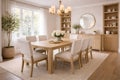 Bright elegant dining room with wooden table upholstered chairs chandelier and neutral decor Royalty Free Stock Photo
