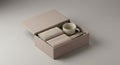 Elegant Neutral Toned Gift Box Featuring Mug, Pen and Rolled Towels on Soft Background Royalty Free Stock Photo