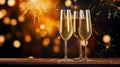 Elegant New Year\'s Eve celebration, champagne glasses raised in a toast against a backdrop of fireworks. Generative AI Royalty Free Stock Photo