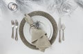 Elegant New Year`s Eve or Christmas holiday place setting. Fine dining table decor. Royalty Free Stock Photo