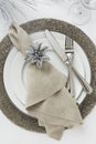 Elegant New Year`s Eve or Christmas holiday place setting. Fine dining table decor. Royalty Free Stock Photo